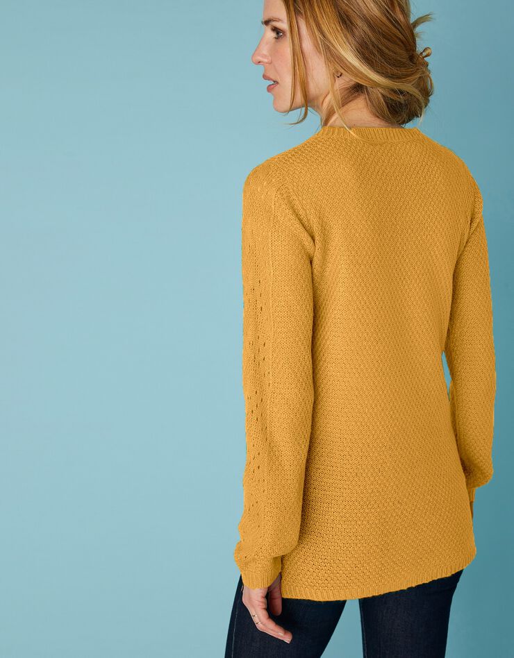 Pull tunique col V maille ajourée toucher mohair (safran) Pull tunique col V maille ajourée toucher mohair (safran)