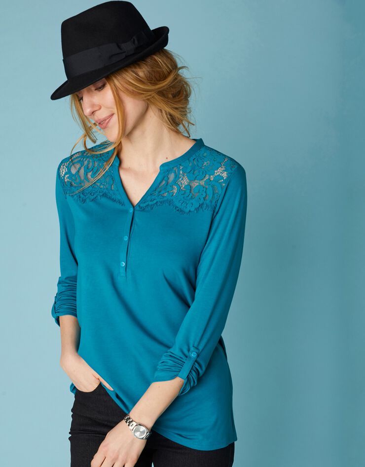 Tee-shirt col tunisien dentelle jersey (bleu prusse) Tee-shirt col tunisien dentelle jersey (bleu prusse)