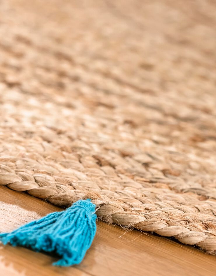 Tapis rond en jute avec pompons de couleur (turquoise)