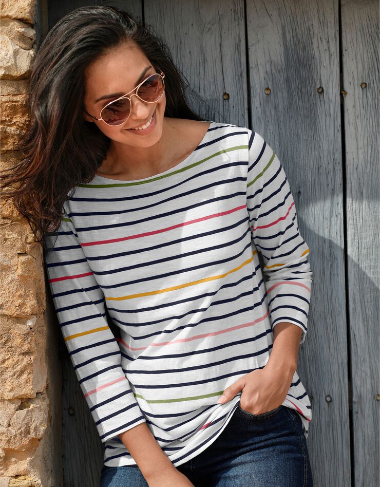 Tee-shirt marinière, manches 3/4 (blanc / multicolore) Tee-shirt marinière, manches 3/4 (blanc / multicolore)