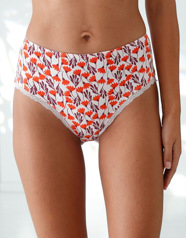 Culotte taille haute coton stretch imprimé " fleurs" et dentelle - lot de 3 (prune / corail) Culotte taille haute coton stretch imprimé " fleurs" et dentelle - lot de 3 (prune / corail)