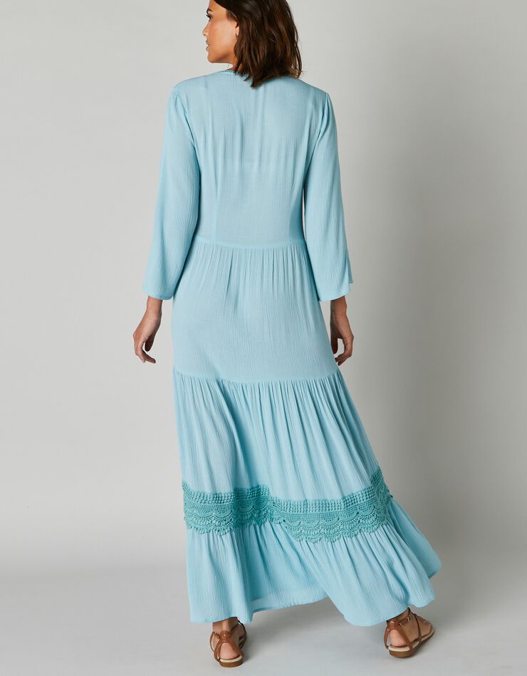Robe longue unie manches 3/4 fendues, crépon (aqua)