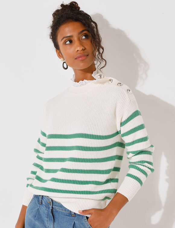 Pull ray&eacute;, col broderie anglaise (&eacute;cru / vert)