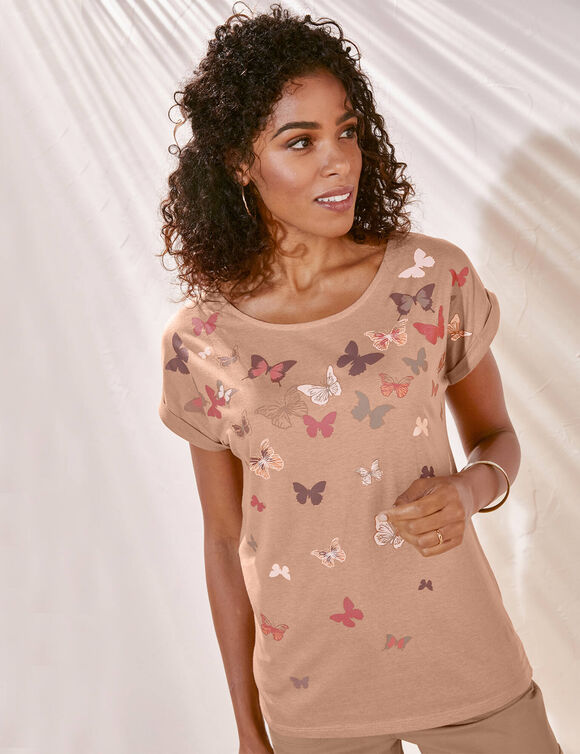 T-shirt boite, imprimé papillons (noisette)