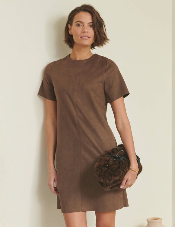 Robe unie manches courtes, su&eacute;dine (chocolat)