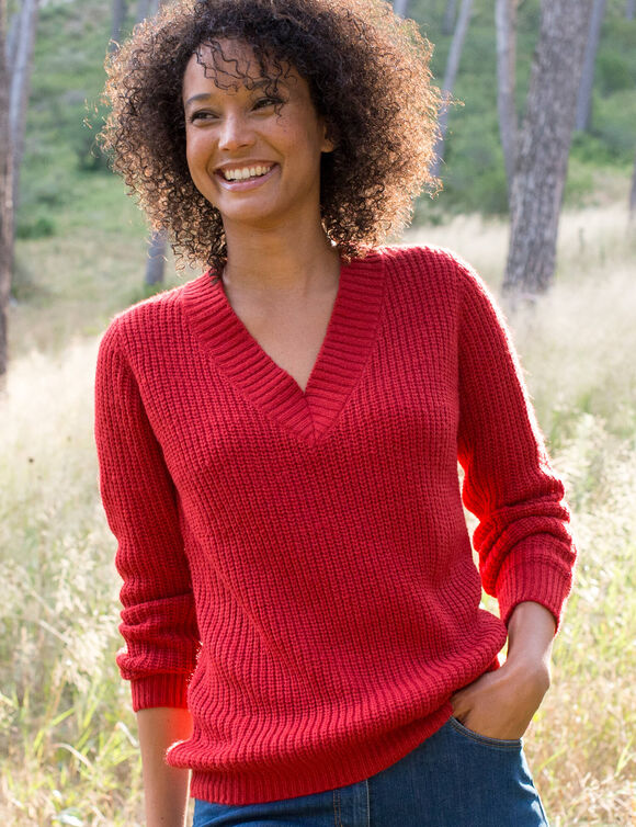 Pull loose col V, maille anglaise (rouge)