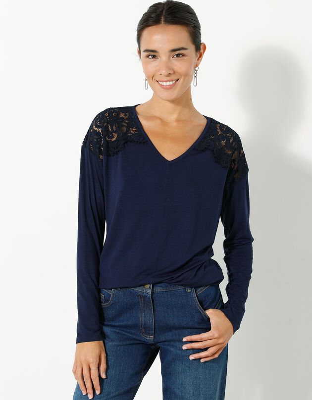 T-shirt col V manches longues dentelle (marine)