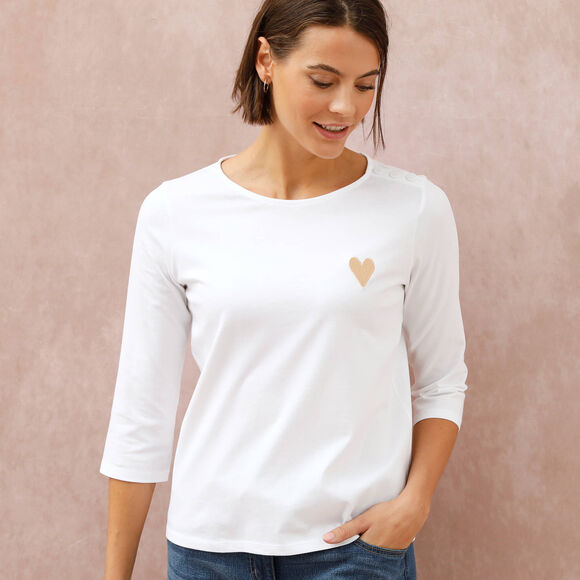 T-shirt boutonn&eacute; uni broderie coeur en coton biologique(**) (blanc)