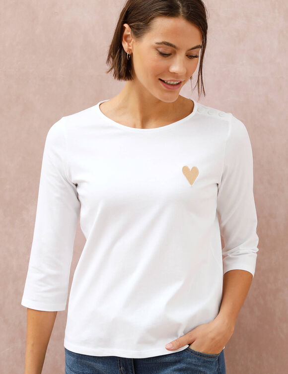 T-shirt boutonn&eacute; uni broderie coeur en coton biologique(**) (blanc)