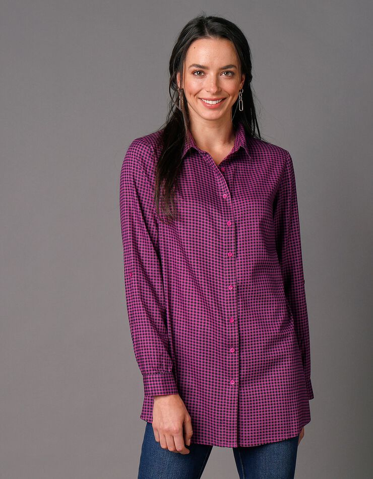 Chemise liquette boutonnée imprimé carreaux, crêpe (noir / violine) Chemise liquette boutonnée imprimé carreaux, crêpe (noir / violine)