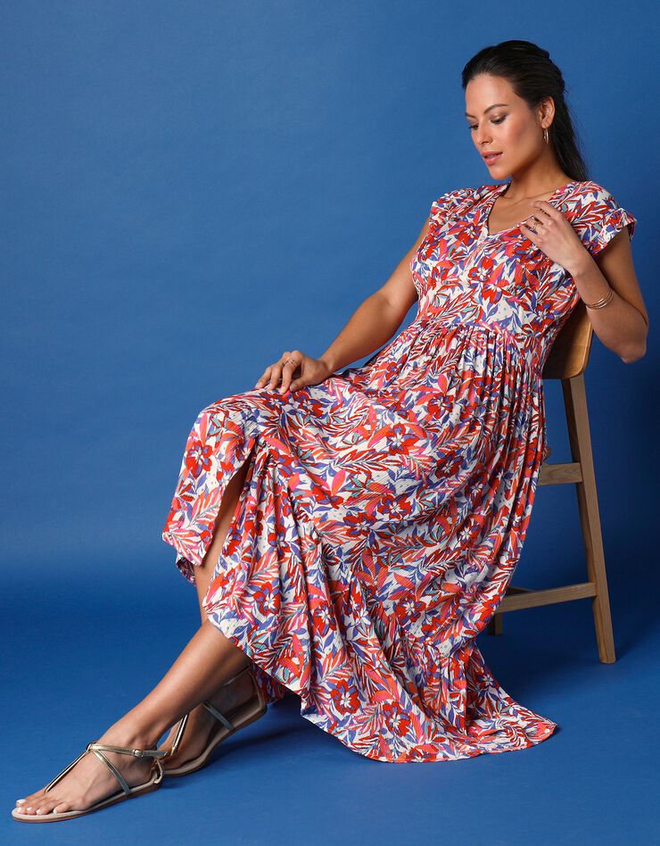 Robe longue imprimée sans manches (écru / rouge)
