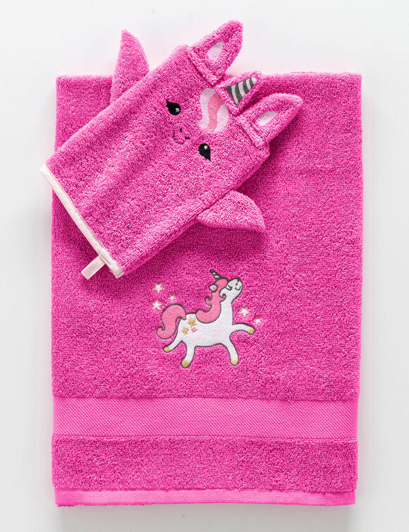 Collection éponge enfant brodée licorne coton - 380 g/m² (fuchsia)