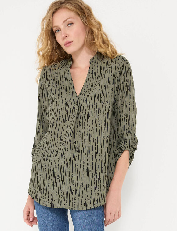 Blouse imprim&eacute; graphique col tunisien, cr&ecirc;pe (kaki / noir)