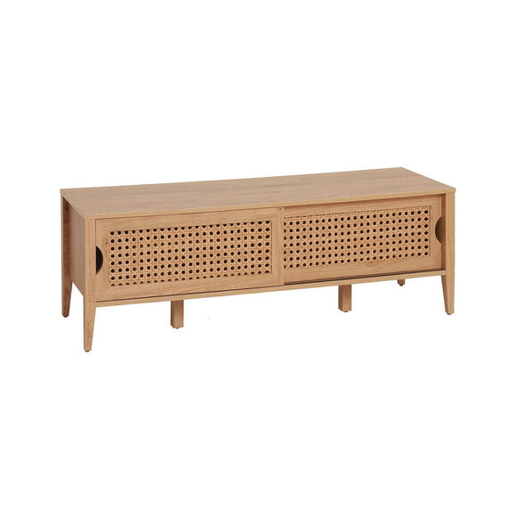 Meuble TV 2 portes, bois et rotin (naturel)