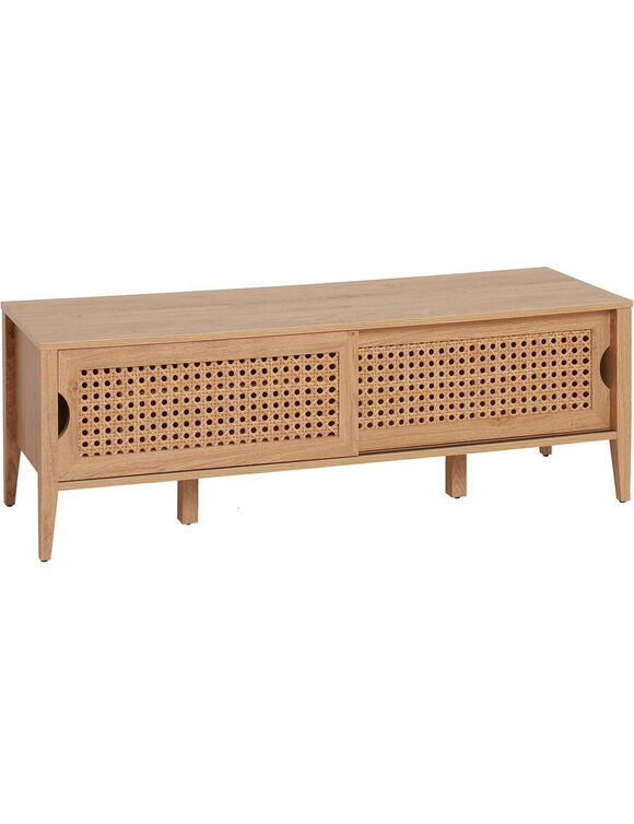 Meuble TV 2 portes, bois et rotin (naturel)