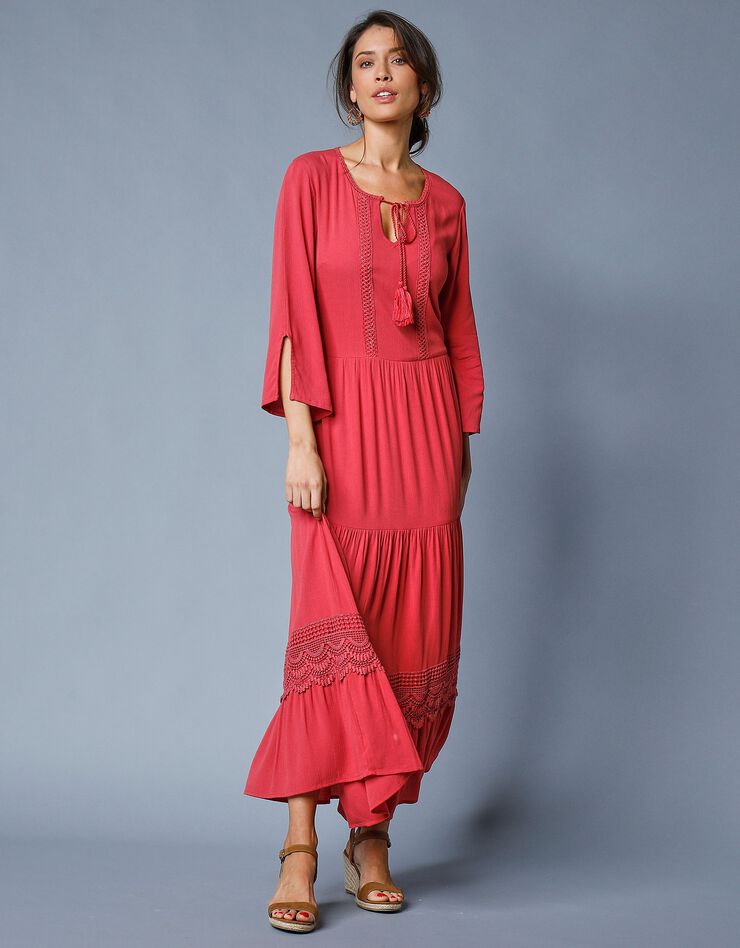 Robe longue unie manches 3/4 fendues, crépon (bois de rose)
