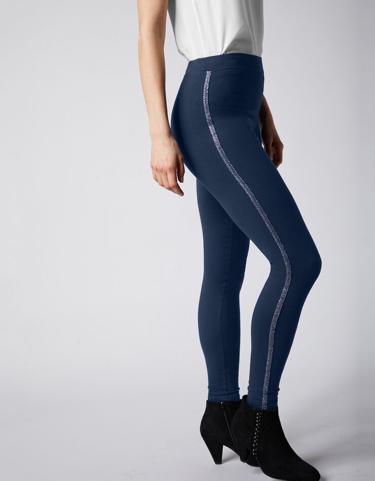 Legging uni bande côté brillante, maille (marine) Legging uni bande côté brillante, maille (marine)