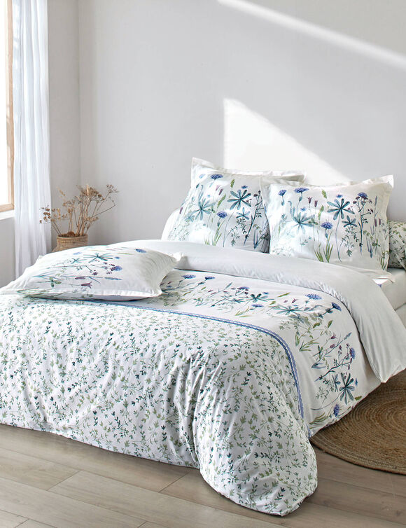 Linge de lit Julie en coton imprim&eacute; herbier (blanc)