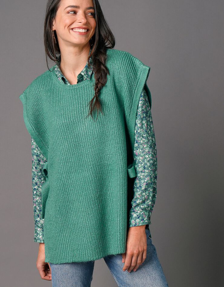 Pull tunique sans manches, maille anglaise toucher mohair (vert)