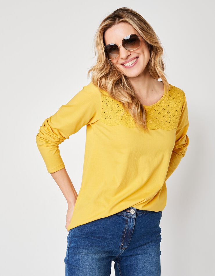 Tee-shirt manches longues, empiècement broderie anglaise (safran) Tee-shirt manches longues, empiècement broderie anglaise (safran)