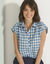 Blouse à carreaux, manches courtes à revers (bleu)