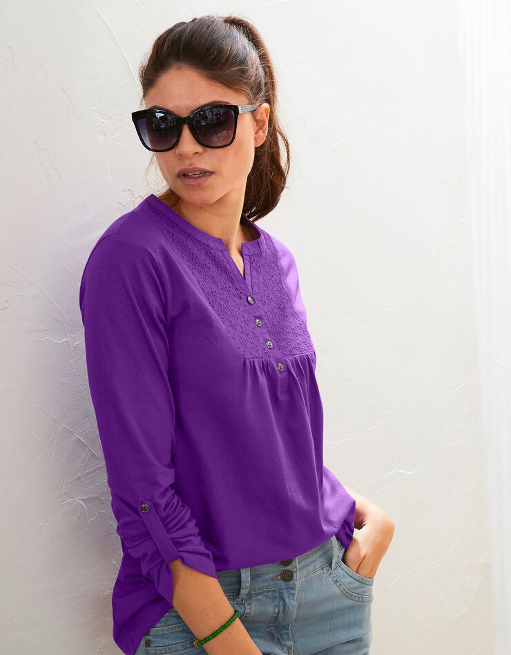 Tee-shirt col tunisien manches longues, broderie anglaise (violet) Tee-shirt col tunisien manches longues, broderie anglaise (violet)