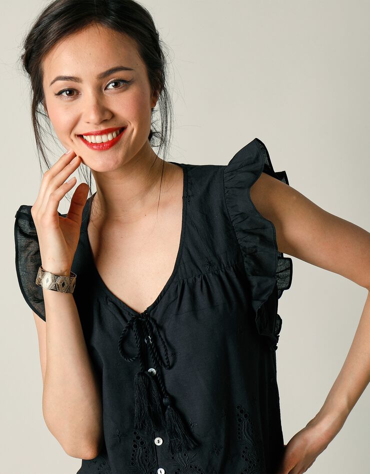 Blouse col V boutonnée unie, broderie anglaise (noir) Blouse col V boutonnée unie, broderie anglaise (noir)
