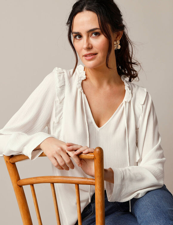 Blouse unie détails volantés, crépon (écru)