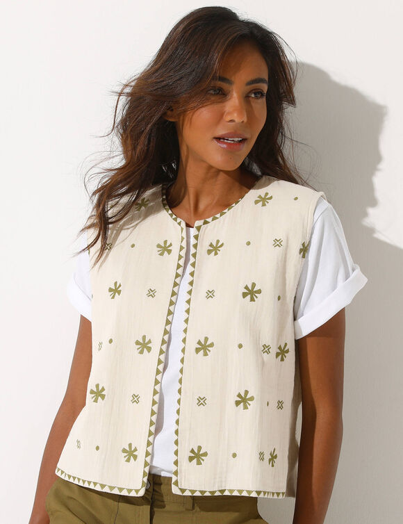 Veste brodée sans manches, gaze de coton (écru / kaki)