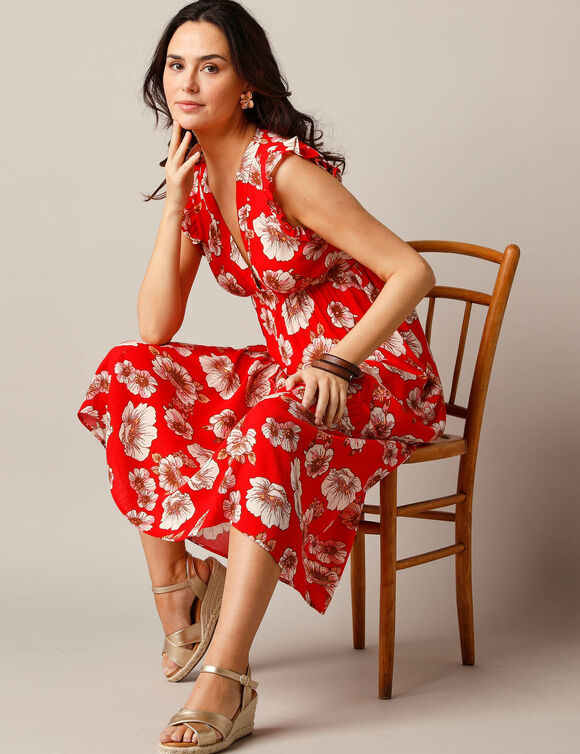 Robe longue sans manches, crépon imprimé (rouge)
