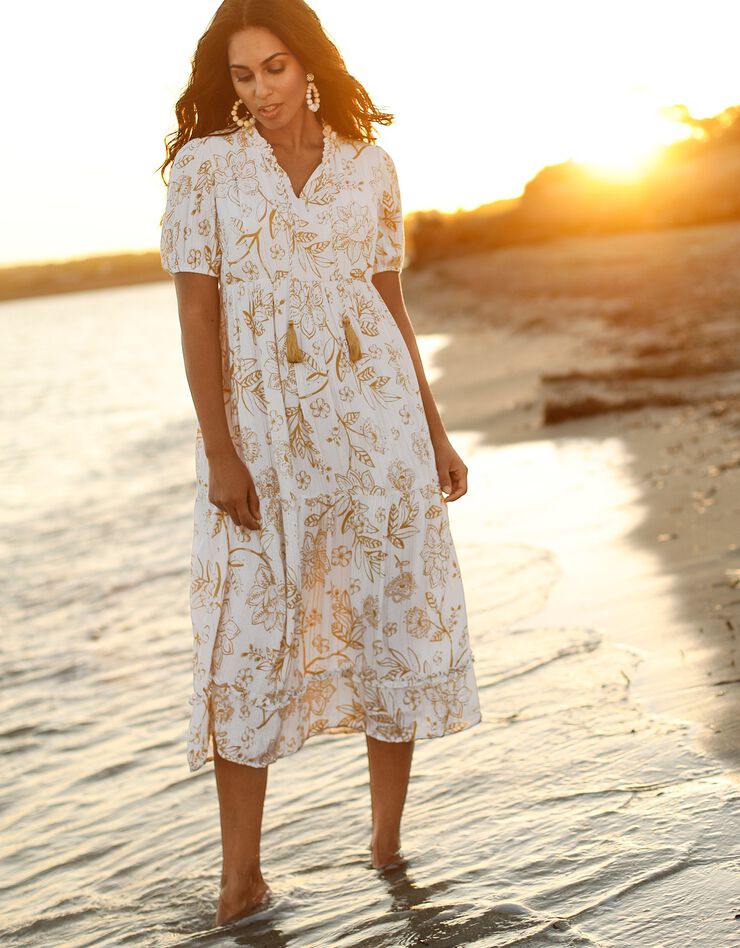 Robe longue volantée imprimée (blanc / caramel) Robe longue volantée imprimée (blanc / caramel)