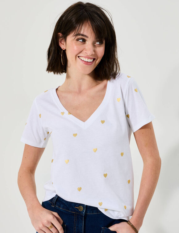 T-shirt col V imprimé cœurs dorés (blanc)