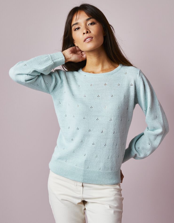Pull maille pointelle, toucher mohair (vert amande) Pull maille pointelle, toucher mohair (vert amande)