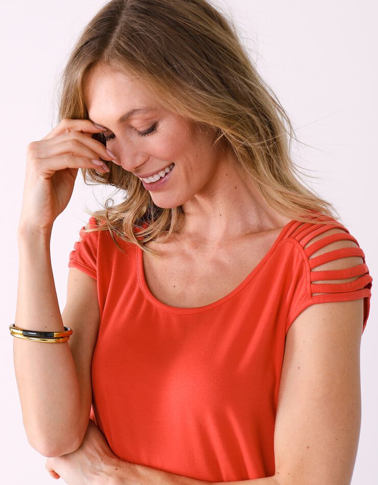 Tee-shirt "boîte" laçage épaules maille unie (corail)