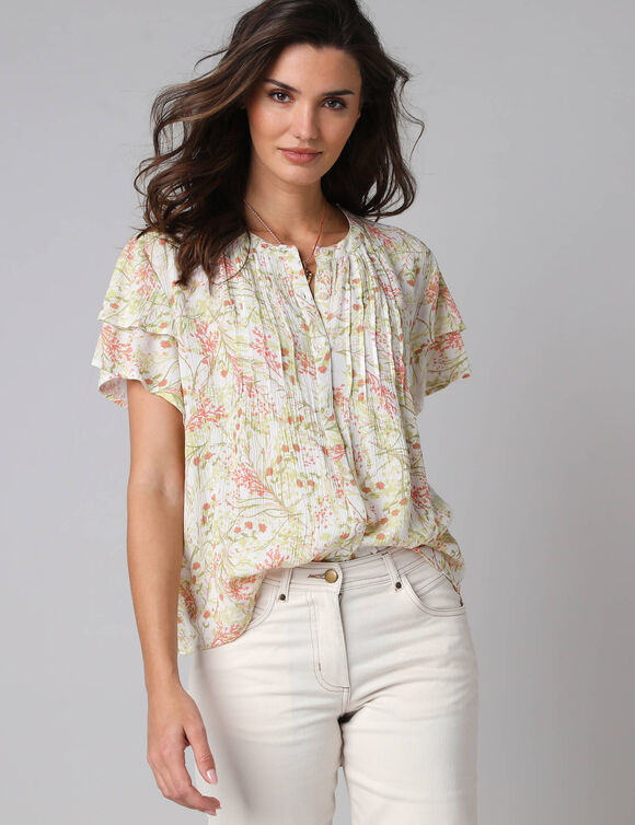 Chemisier manches courtes papillon, cr&eacute;pon imprim&eacute; fleuri (blanc / vert)