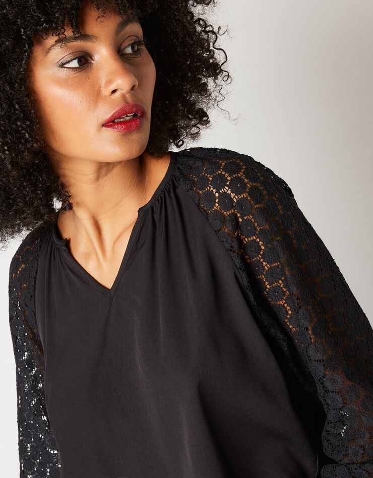 Blouse unie manches dentelle (noir) Blouse unie manches dentelle (noir)