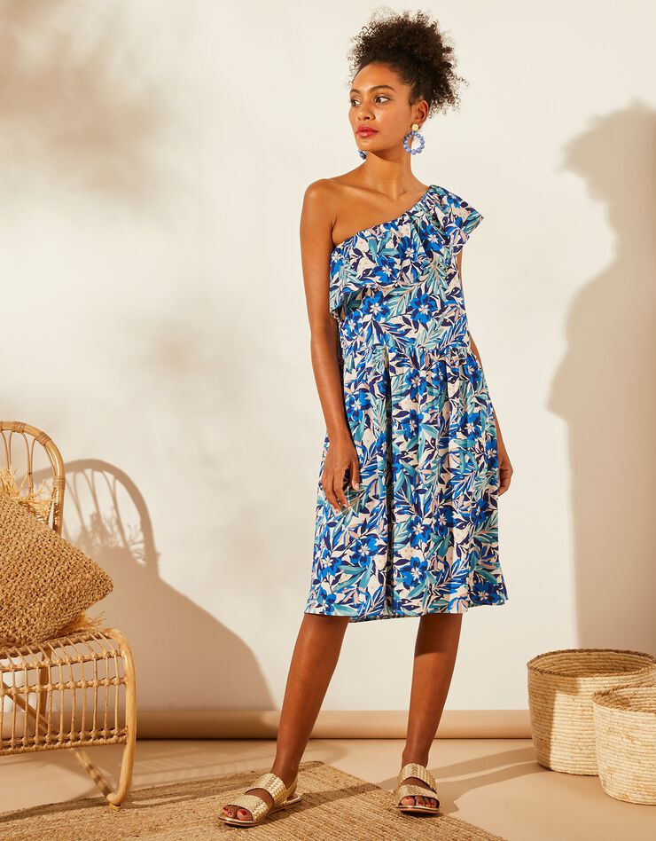 Robe imprimée, one shoulder (beige / bleu) Robe imprimée, one shoulder (beige / bleu)