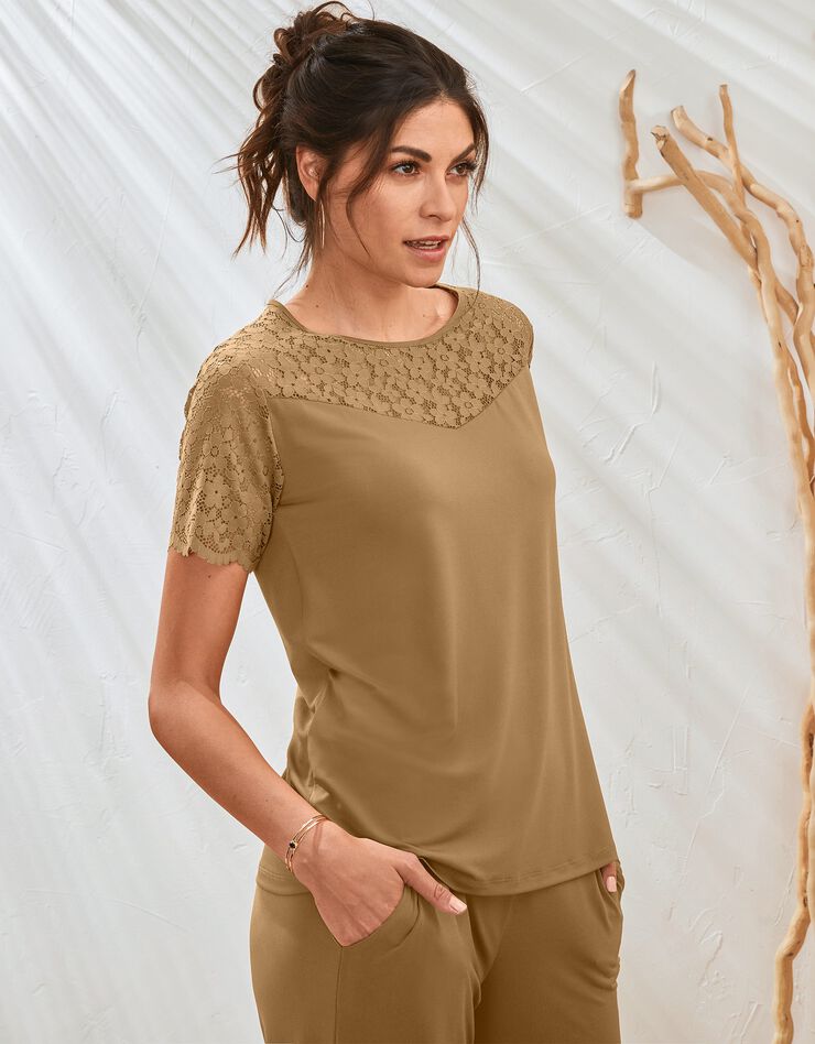 Tee-shirt dentelle col rond manches courtes uni (tabac) Tee-shirt dentelle col rond manches courtes uni (tabac)