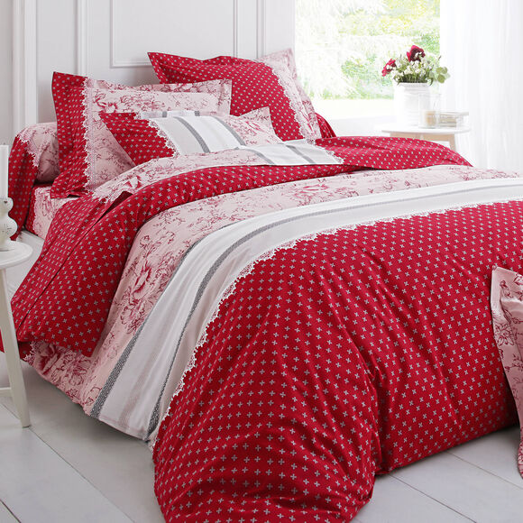 Linge de lit Gabrielle en coton imprimé pois, fleurs et dentelle (rouge)