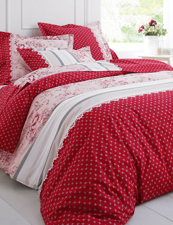 Linge de lit Gabrielle en coton imprimé pois, fleurs et dentelle (rouge)