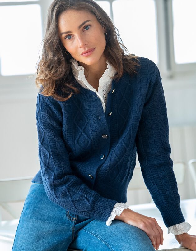 Gilet boutonné maille fantaisie torsadée (indigo)