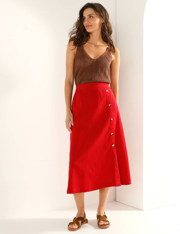 Jupe unie en coton-lin, boutonnage fantaisie (rouge)