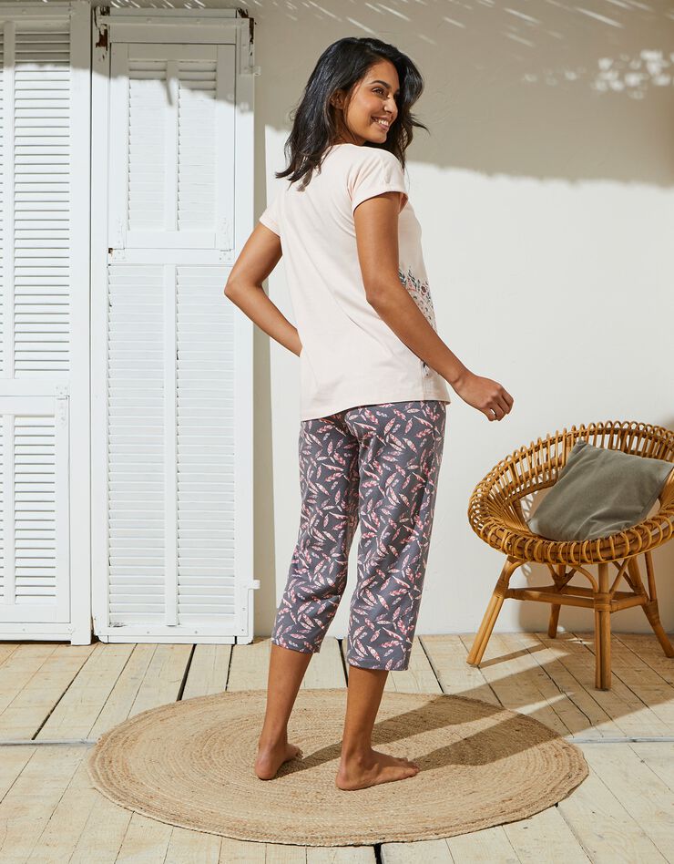 Pyjama pantacourt en jersey imprimé plumes avec pochon assorti (gris / rose)