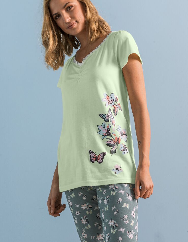 T-shirt pyjama manches courtes imprimé placé papillons (anis)
