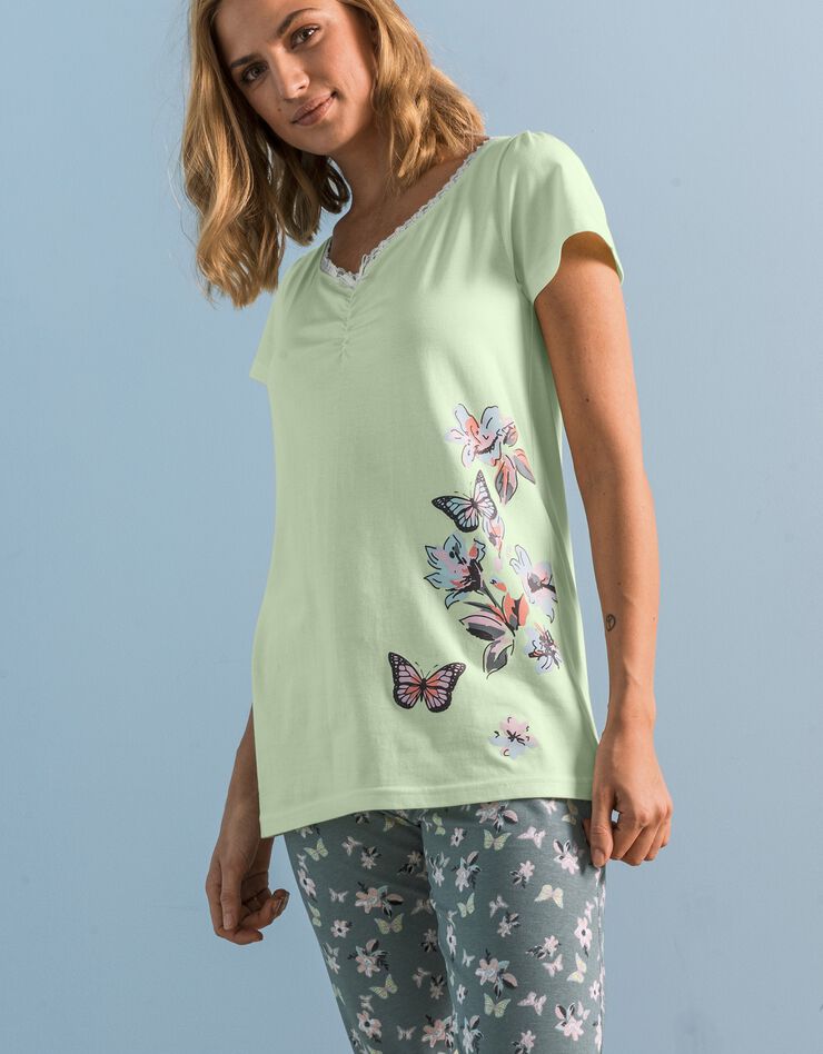 T-shirt pyjama manches courtes imprimé placé papillons (anis) T-shirt pyjama manches courtes imprimé placé papillons (anis)