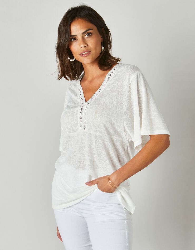 Tee-shirt col V macramé, effet lin (blanc) Tee-shirt col V macramé, effet lin (blanc)