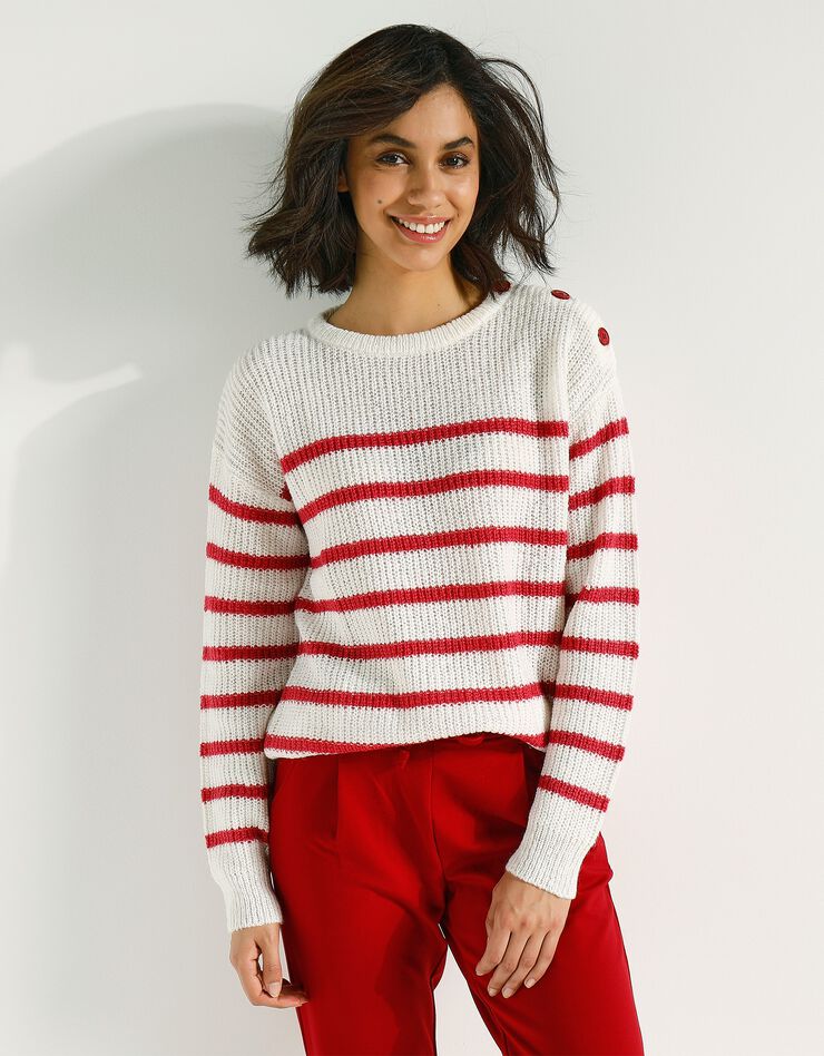 Pull rayé manches longues épaule boutonnée (écru / tomette) Pull rayé manches longues épaule boutonnée (écru / tomette)