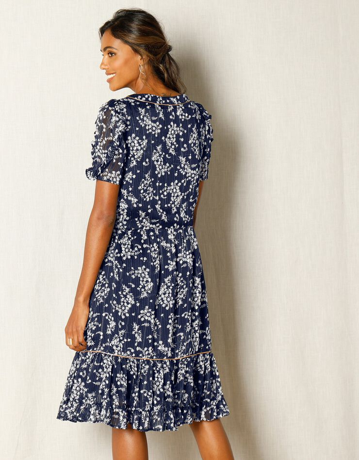 Robe imprimé floral, voile jacquard (marine / blanc)