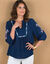 Blouse brodée manches amples, crépon (bleu indigo / rose)