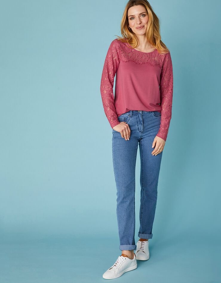 Tee-shirt col rond manches longues, dentelle jersey (bois de rose) Tee-shirt col rond manches longues, dentelle jersey (bois de rose)